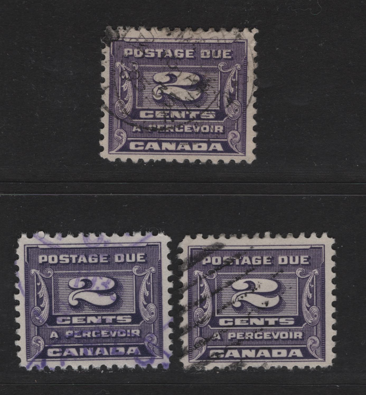 Canada #J12 2c Bluish Violet - Milky Violet Numeral, 1933-1934 Third Postage Due Issue, 3 Fine/Very Fine Used Singles, Perfs 11, 10.8 & 10.9x10.8, 21.75x18.5mm & 21.9x18.5mm
