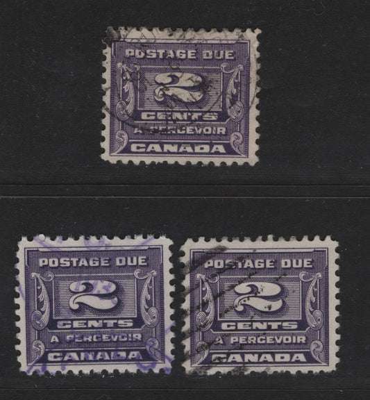 Canada #J12 2c Bluish Violet - Milky Violet Numeral, 1933-1934 Third Postage Due Issue, 3 Fine/Very Fine Used Singles, Perfs 11, 10.8 & 10.9x10.8, 21.75x18.5mm & 21.9x18.5mm