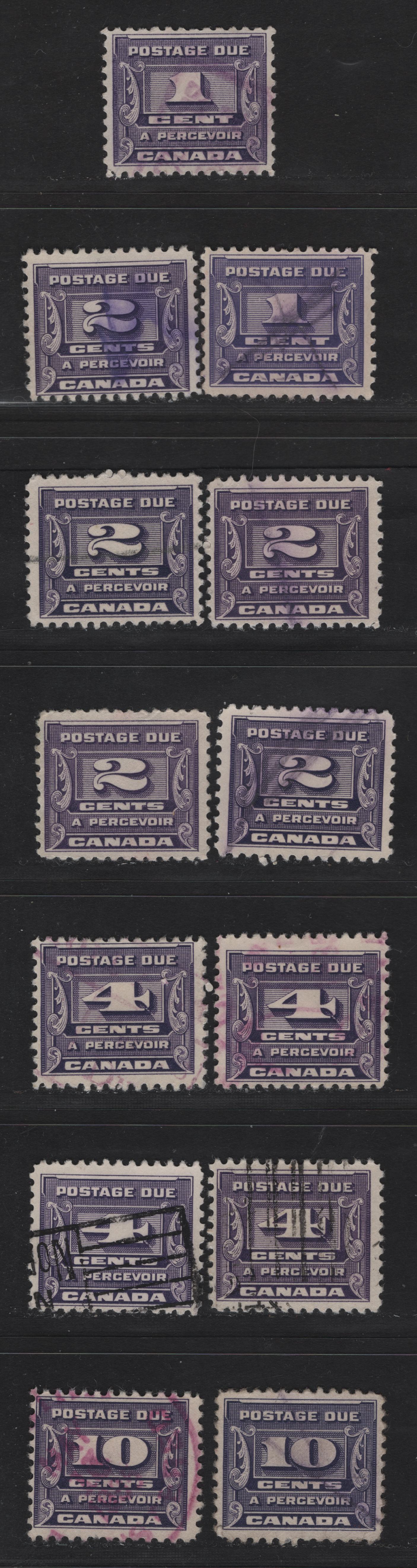 Lot 376 Canada #J11-J14 1c - 10c Bluish Violet Numeral, 1933-1934 Third Postage Due Issue, 13 Fine Used Singles, Group of Different Shades For Each Stamp
