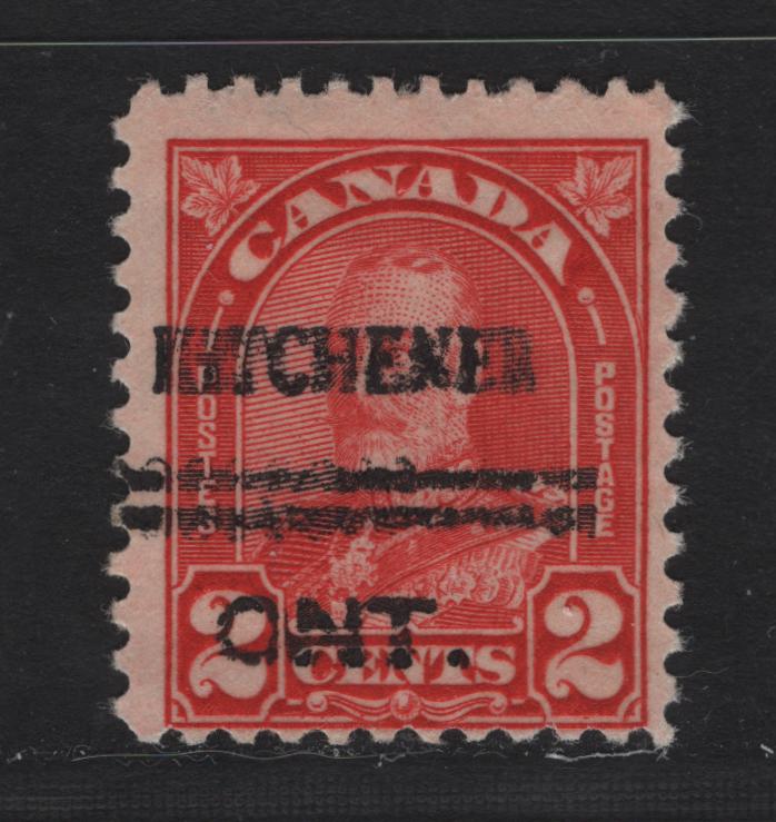 Lot 378 Canada (C)  Walburn#1-165 2c Red King George V, 1930-1931 Arch/Leaf Issue,  Fine Used Single, Die 1, Kitchener, ON Style 1 Precancel