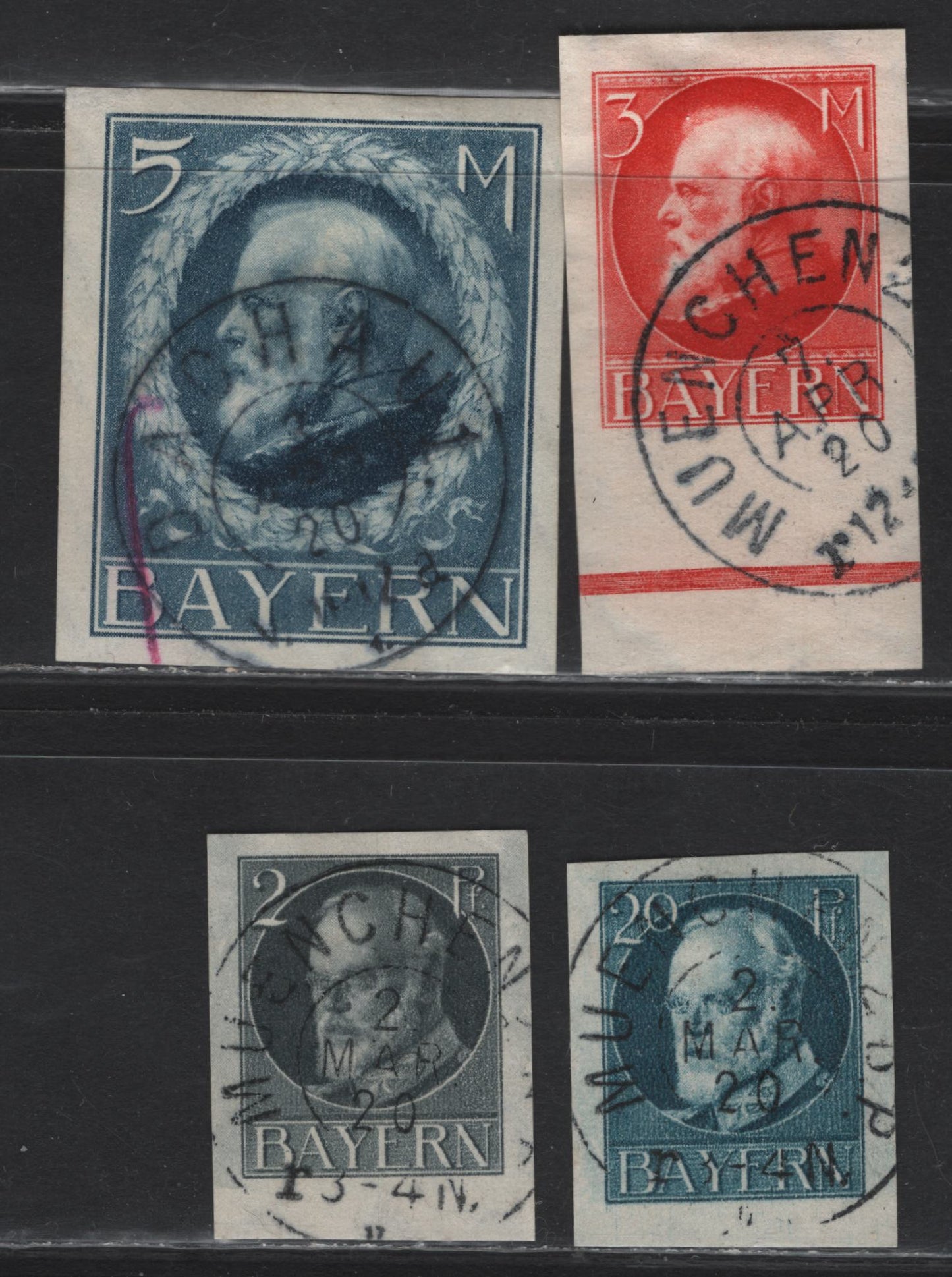 Lot 38 Bavaria SC#117, 123, 132, 133 2pf Grey - 5m Deep Blue, 1916-1920 Imperf King Ludwig III Issue, 4 VF Used Singles All With 1920 SON Dachau And Munich Cancels