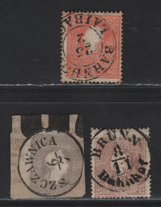 Lot 4 Austria SC#P7, 9a, 10 5kr - 1kr Red - Gray Franz Josef, 1858-1861 Embossed Franz Josef - Newspaper Issues, 3 Fine Used Singles, Cut to Shape Of Cancel & Backed On Piece, SON Town & Railway Cancels