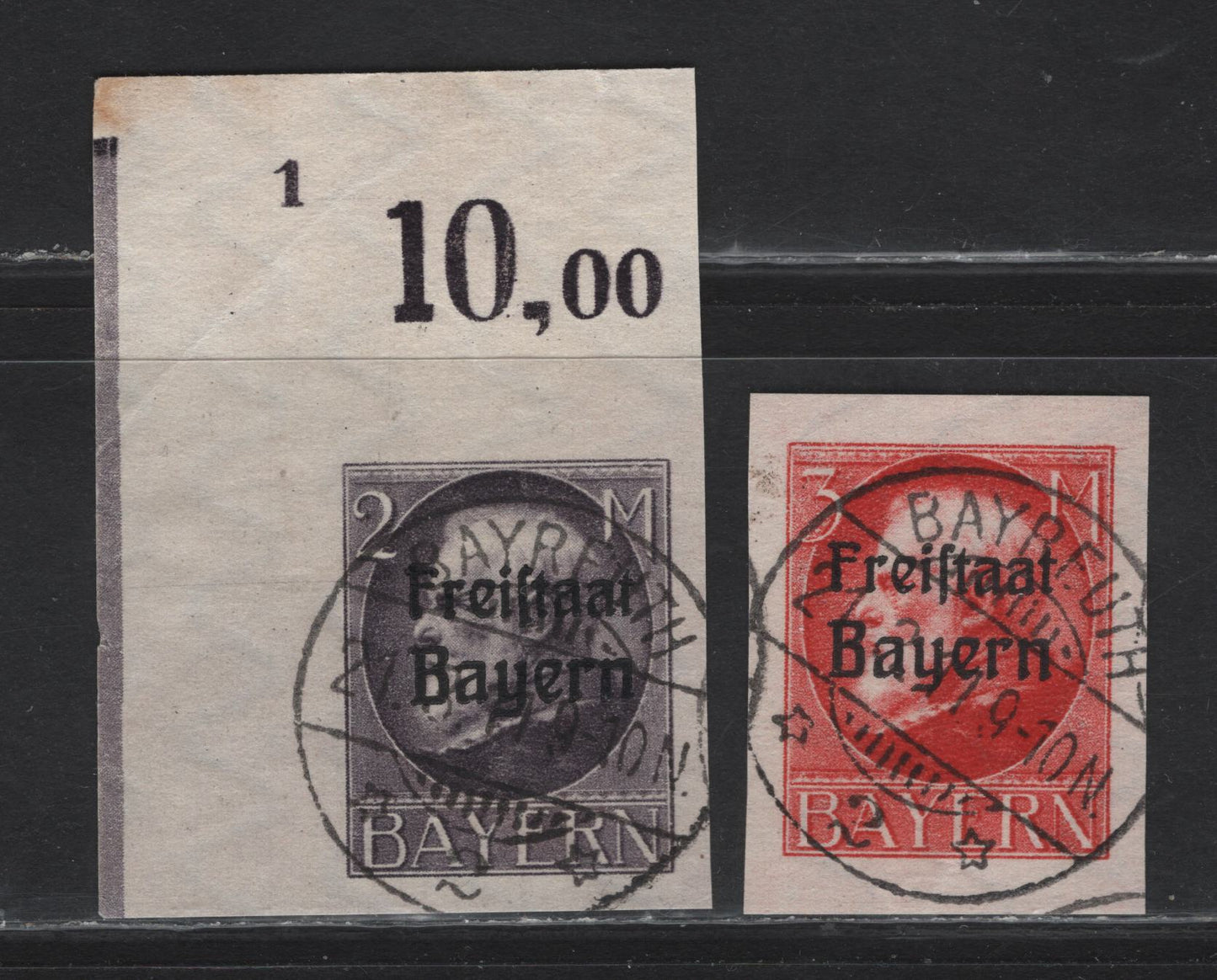 Lot 41 Bavaria SC#226-227 2m Violet & 3m Scarlet, 1919-1920 Free State Overprints Imperf Issue, 2 VF-GEM Used Singles With SON Bayreuth CDS Cancels