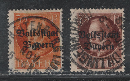 Lot 42 Bavaria SC#144, 148 30pf Orange, 75pf Red Brown, 1919 Plebiscite Overprints Issue, 2 F Used Singles With SON Cancels, Both Dated In 1919