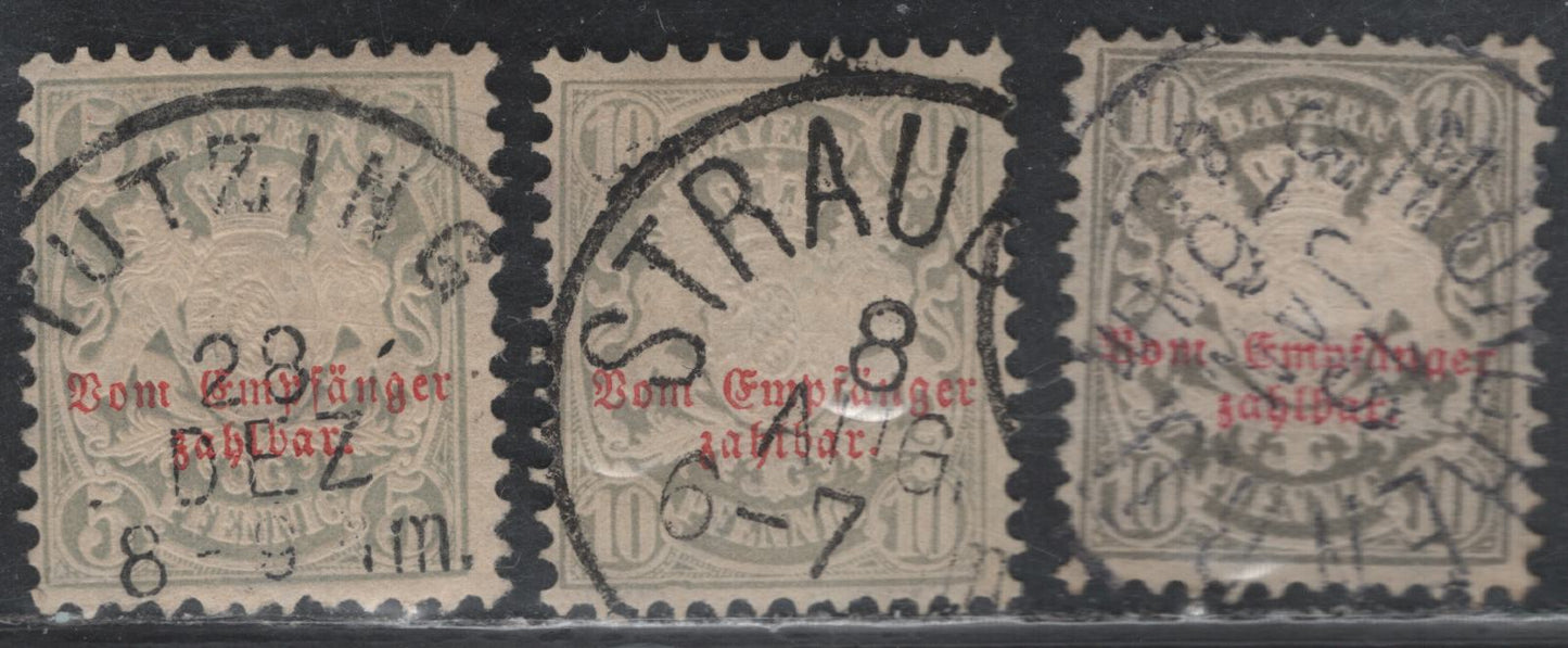 Lot 48 Bavaria SC#J5,J6,J9 5pf Grey,10pf Grey, 10pf Grey, 1876-1883 Postage Due Issue, Wmk Wavy & Vertical Wavy Lines, 3 F&VF Used Singles All With SON CDS Cancels