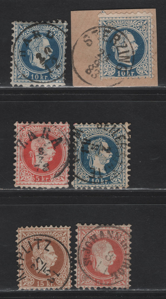 Lot 5 Austria SC#29-30, 37-38 5kr - 15kr Rose - Brown Franz Josef, 1867-1880 Franz Josef Sideface Issue, 6 Very Good/Fine Used Singles, SON Town Cancels Including St Johann in Tyrol, Zara, Hard, Sterzing & Kuplitz