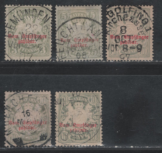 Lot 52 Bavaria SC#J11-J12, J13a 3pf Grey - 10pf Grey, 1888-1903 Postage Due Issue, 5 VG&F Used Singles On White & Rose Tinted Papers, Wmk Horizontal Wavy Lines. All With SON CDS Cancels