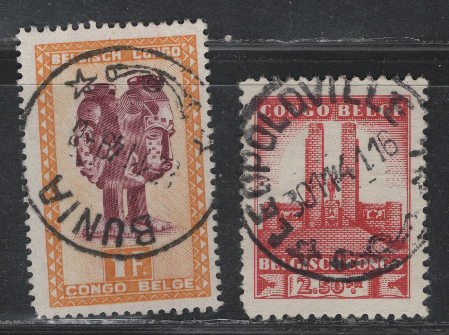 Belgian Congo SC#180, 239 2.50fr Carmine - 1fr Yellow Orange & Violet, 1941 King Albert Memorial - 1947-1950 Carved Figures Definitives Issues, 2 F&VF Used Singles With SON Leopoldville & Bunia CDS Cancels