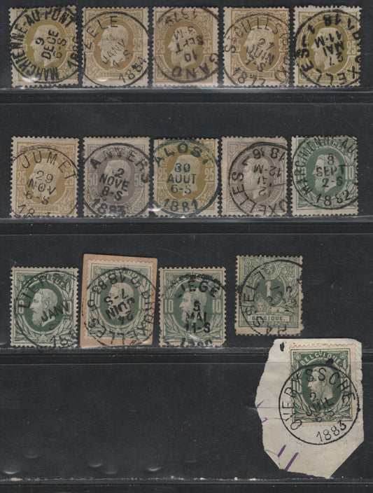 Lot 55 Belgium SC#37,37a,38,40,43 25c Olive Bistre, Ochre, 50c Grey, 1c Grey Green, 10c Grey Green, 1875-1878 & 1881 King Leopold II & Arms Keyplates Issues, 15 G-VF Used SIngles SON Town Cancels