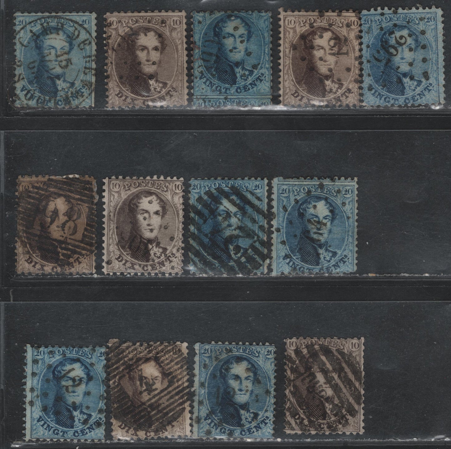 Lot 56 Belgium SC#14c, 15d 10c Brown & 20c Blue, 1863 King Leopold I Perforated Epaulette Issue, 12 Ungraded Singles Perf 12 1/2x13 1/2, CDS, Barred Numeral Grid Cancels