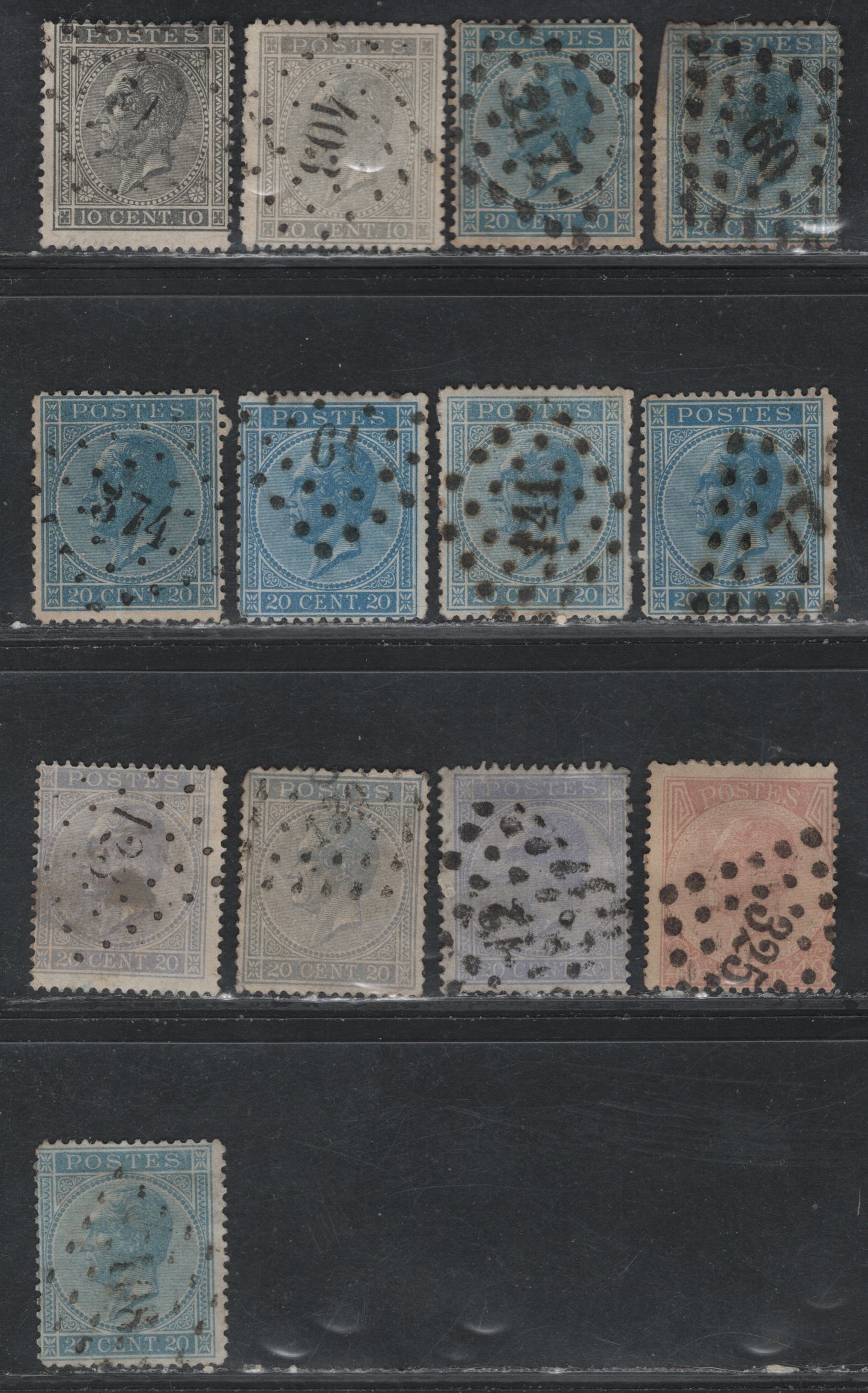 Lot 58 Belgium SC#18,18a,19,19a,19c,21 10c Slate - 40c Rose, 1863 King Leopold I Perforated Epaulette Issue, 13 Ungraded Singles Perf 15 And 14 1/2x 14, All With Different Diamond Dotted Cancels