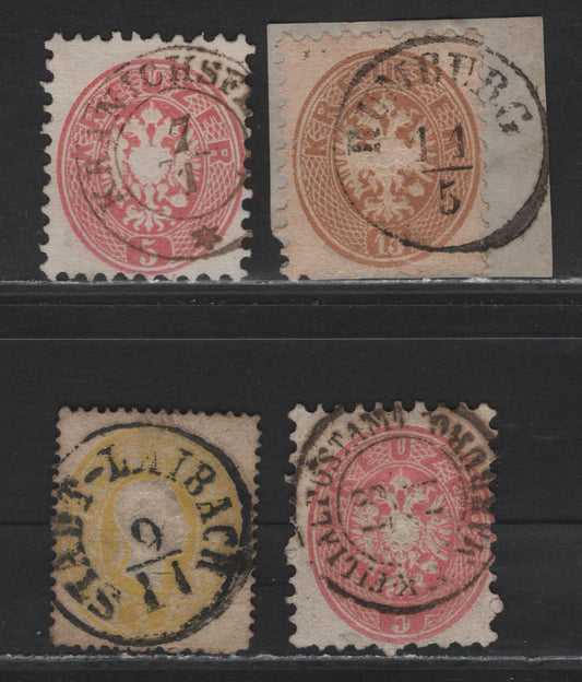 Lot 7 Austria SC#12, 24, 26 2kr - 15kr Yellow - Brown Franz Josef - Arms, 1860-1864 Embossed Franz Josef - Arms Issues, 4 Very Good/Fine/Very Fine Used Singles, SON Town Cancels Including Laibach, Kranichsf…, Rumberg & K Filial Postamp Marburg