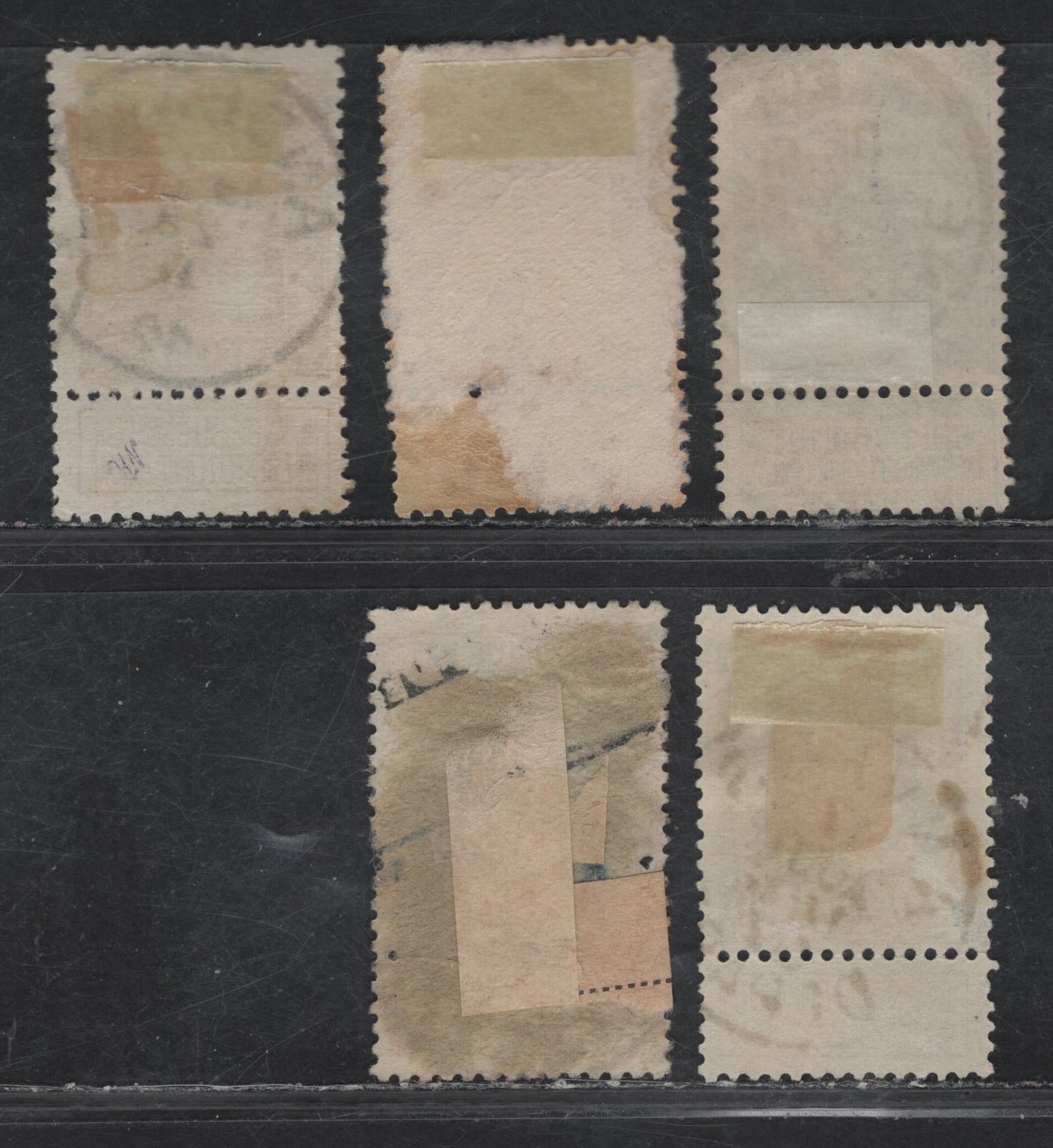 Lot 72 Belgium SC#68, 89, 90, 90a 25c Ultramarine, 50c Bluish Grey, 1fr Yellow Orange, Orange, 1905-1911 King Leopold I & Arms, Second Sunday Labels Issue, 5 Fine Used Singles With Attached Sunday Labels All With SON Town Cancels