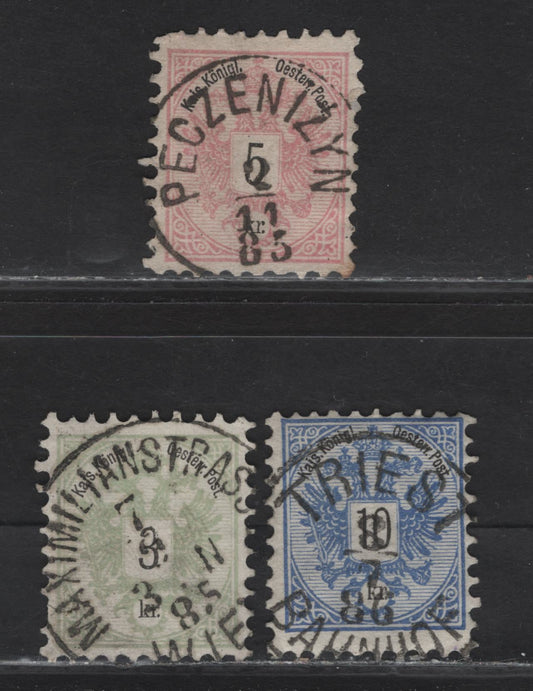 Lot 8 Austria SC#42-44 3kr - 10kr Green - Blue Arms, 1883 Arms Keyplate Issue, 3 Fine/Very Fine Used Singles, SON Town Cancels Including Peczenizyn, Triest & Maximilian-Strasse-Wein
