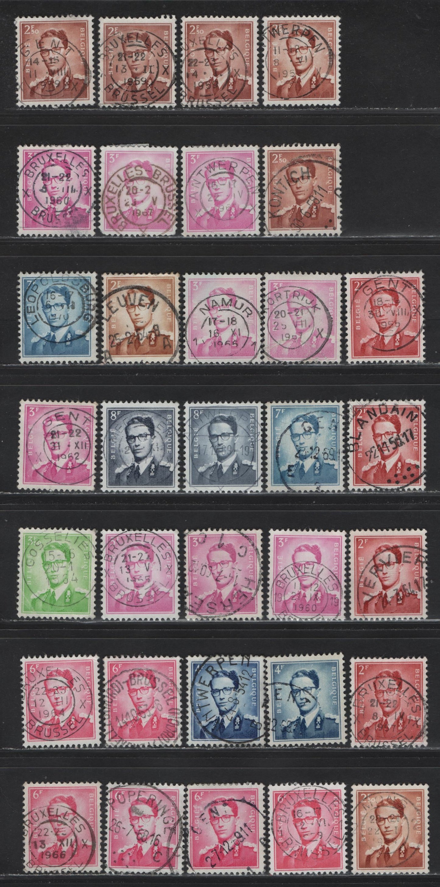 Lot 81 Belgium SC#401,436,440-446,447,493,500,527,537,698,758,919,815,791,1165 1.75fr Dark Brown - 8fr Tan & Dark Brown, 1950 Centenary Of General Pension Fund - 1984 South Death Anniv. Of King Albert, 16 VF Used Singles All With SON Town Cancels