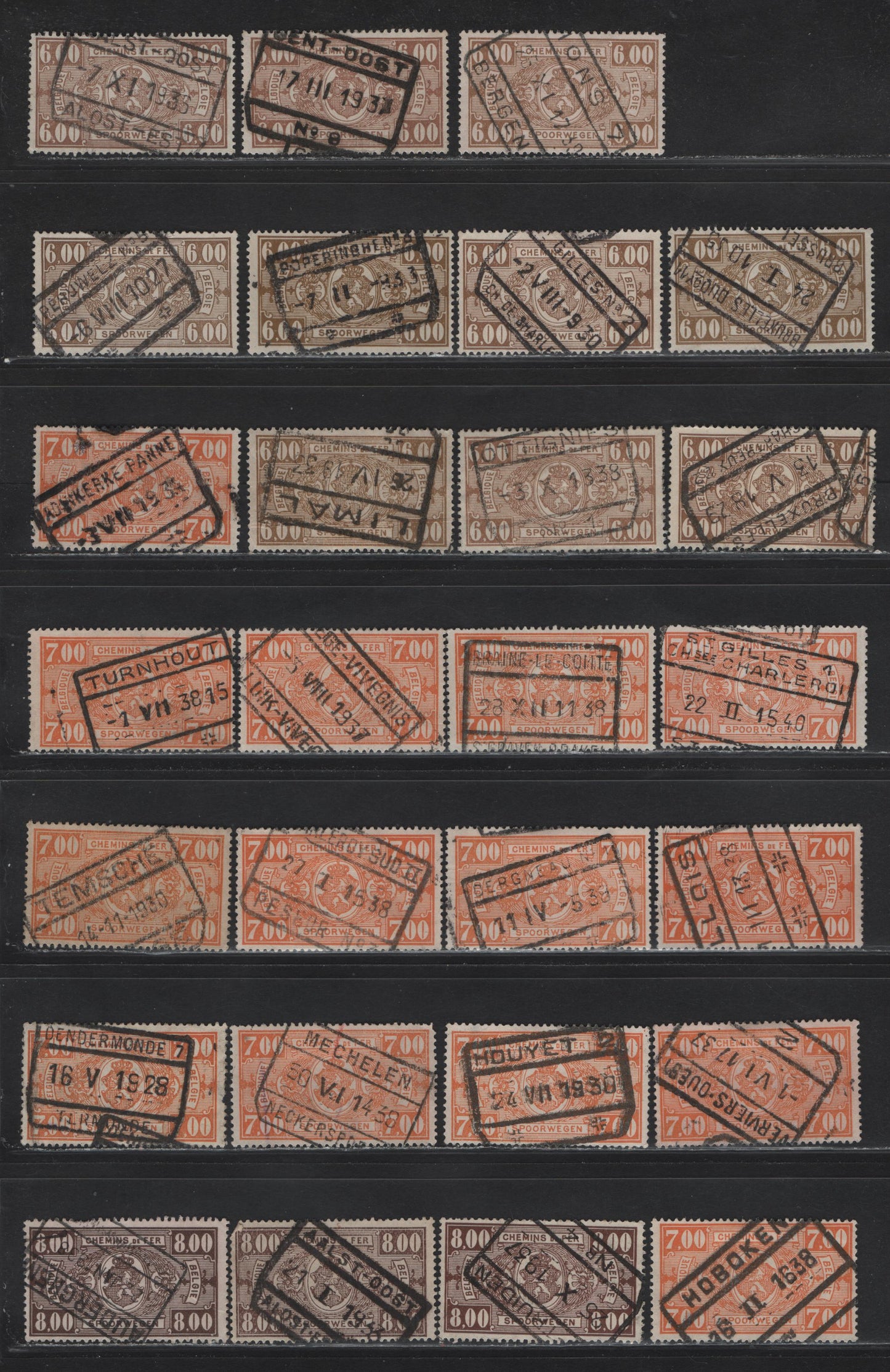 Lot 89 Belgium SC#Q163, Q164, Q165, Q166 5fr Violet - 8fr Deep Brown, 1923-1940 Parcel Post Issue, 41 F&VF Used Singles All Showing SON Boxed Town Parcel Cancels