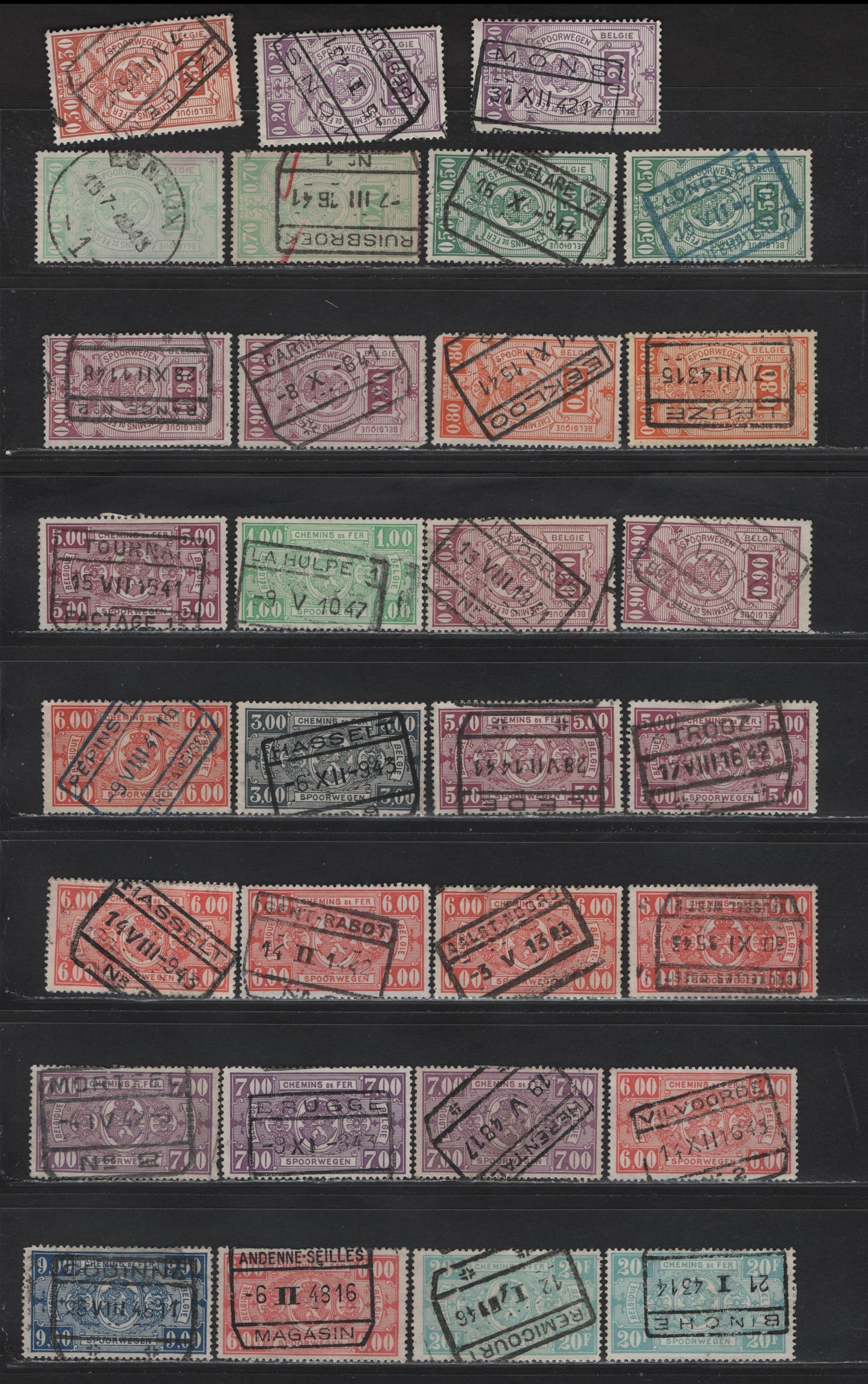 Lot 90 Belgium SC#Q241/Q259 30c Fawn - 20fr Milky Blue, 1941 Parcel Post Issue, 31 F&VF Used Singles All With Boxed Town Parcel Cancels