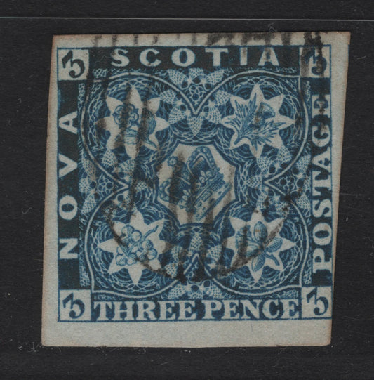 Lot 10 Nova Scotia #2 3d Blue, 1851-1857 Crown & Flowers Pence Issue, A Used Single Large Margins All Around To Just Touching At Lower Right, Gorgeous Colour