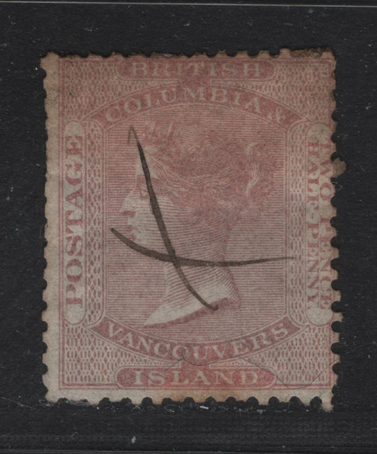 Lot 1 British Columbia & Vancouver Island #29 2 1/2d Pale Dull Rose, 1860 Queen Victoria Issue, Unwatermarked, A Good Used Single Some Toning Along Top & Perfs Clipped At Left & Ribbed Along Top
