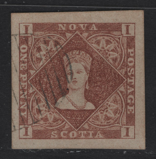Lot 11 Nova Scotia #1F 1d Red Brown, 1851-1857 Crown & Flowers Pence Issue, A VF Used Single