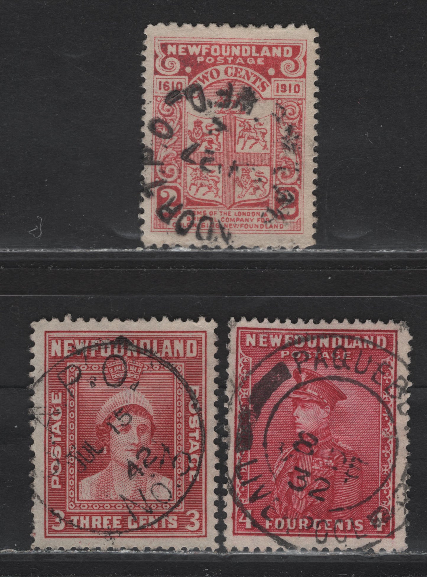 Lot 111 Newfoundland #88a,189,255 2c Rose, 4c Rose Carmine, 3c Carmine, 1910 Guy Issue - 1941-49 Resources Issue, 3 VF Used Singles With Special Cancellations
