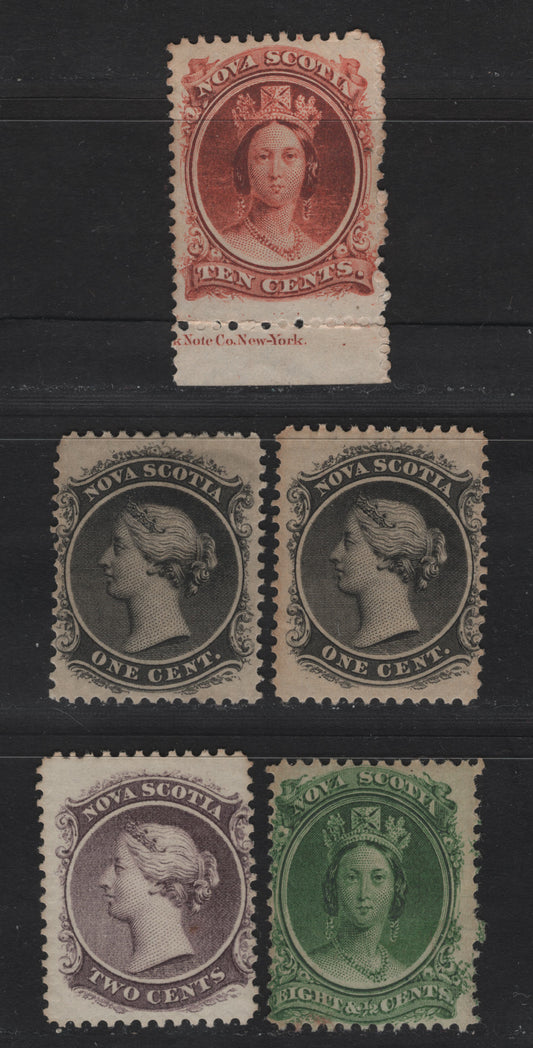 Lot 12 Nova Scotia #8a,9,11,12, 1860-1867 Cents Issue, 4 VG&F OG&NH Singles 1c Black,2c Lilac On Cents-N, Perf 11.75x12, 8 1/2c Green & 10c Vermilion On Paper Cents-L, Perf 11 3/4. 2c Is NH
