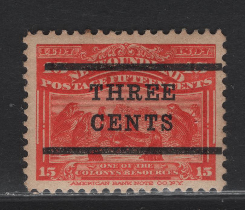 Lot 145 Newfoundland #128 3c On 15c Scarlet, 1920 Surcharges Issue, A VFOG Single With Bars 10 1/2mm Apart