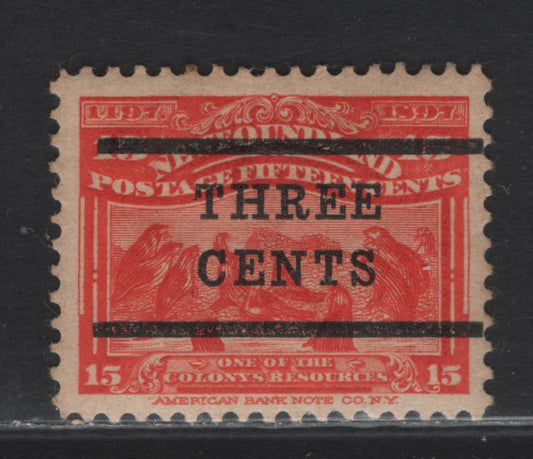 Lot 145 Newfoundland #128 3c On 15c Scarlet, 1920 Surcharges Issue, A VFOG Single With Bars 10 1/2mm Apart