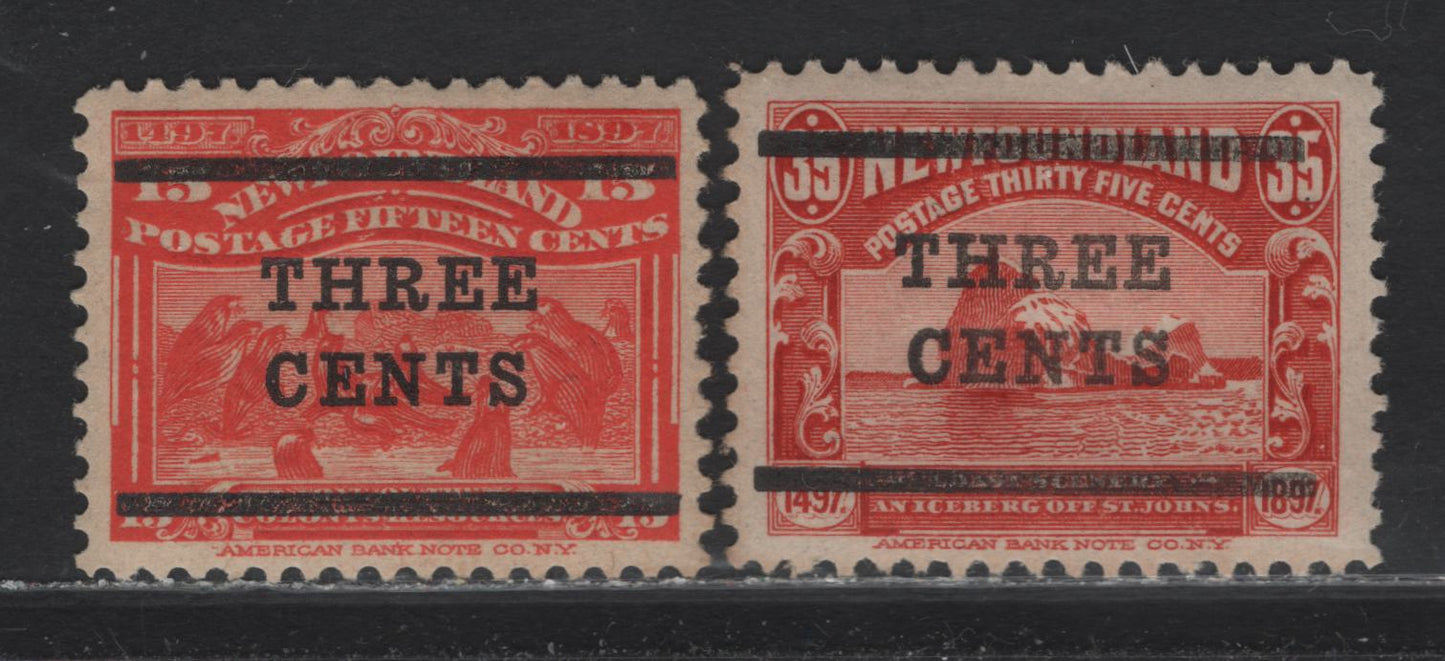 Lot 147 Newfoundland #129-130 3c On 15c Scarlet, Red, 1920 Surcharges Issue, 2 VFOG Singles Type 2, With Surcharge Bars 13 1/2mm Apart