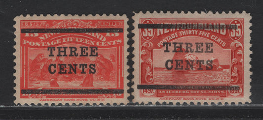 Lot 147 Newfoundland #129-130 3c On 15c Scarlet, Red, 1920 Surcharges Issue, 2 VFOG Singles Type 2, With Surcharge Bars 13 1/2mm Apart