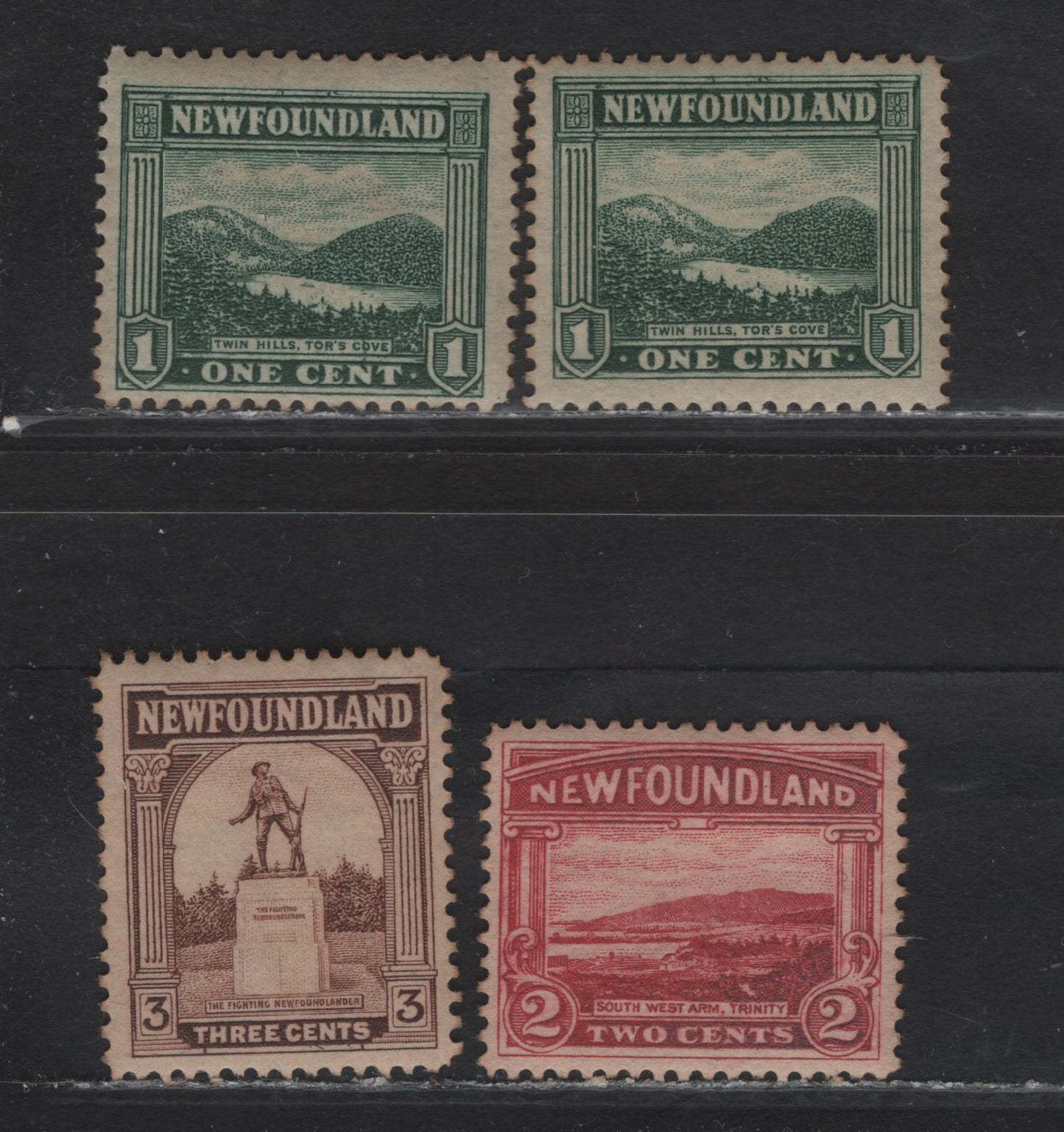 Lot 150 Newfoundland #131-133 1c Dark Grey Green, 2c Carmine & 3c Brown, 1923-1924 Pictorial Issue, 4 F&VF OG Singles All Line Perf Printings 14x14.2, 13.7x14, 14, 14.2x13.9. On WM-M & WM-F Papers