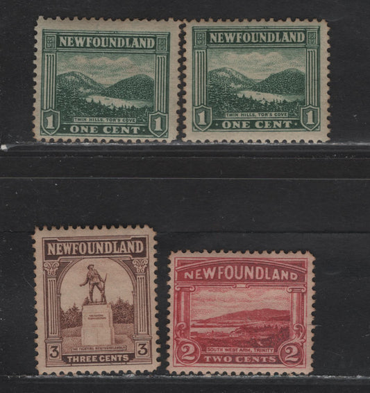 Lot 150 Newfoundland #131-133 1c Dark Grey Green, 2c Carmine & 3c Brown, 1923-1924 Pictorial Issue, 4 F&VF OG Singles All Line Perf Printings 14x14.2, 13.7x14, 14, 14.2x13.9. On WM-M & WM-F Papers