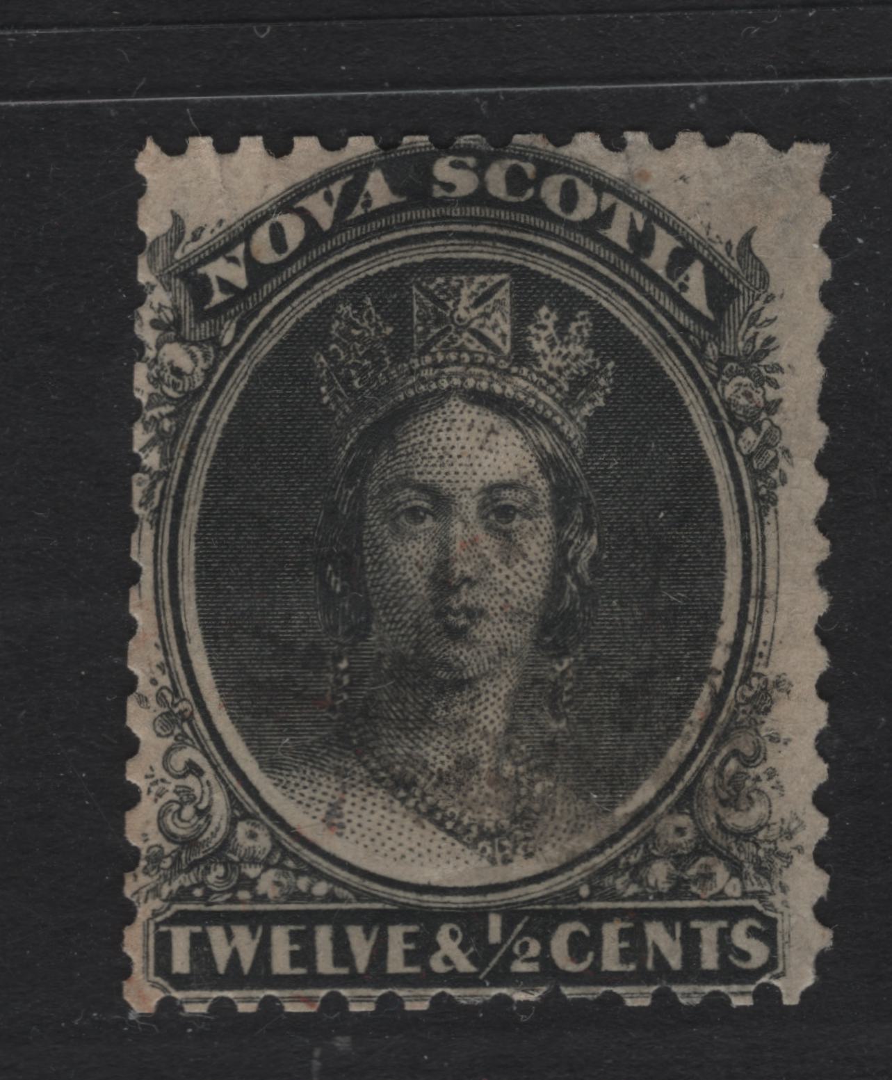 Lot 15 Nova Scotia #13a 12 1/2c Black On Cents -L Paper, 1860-1867 Cents Issue, A Good Used Single Perf 12x11 3/4, Scissor Seperated At Left