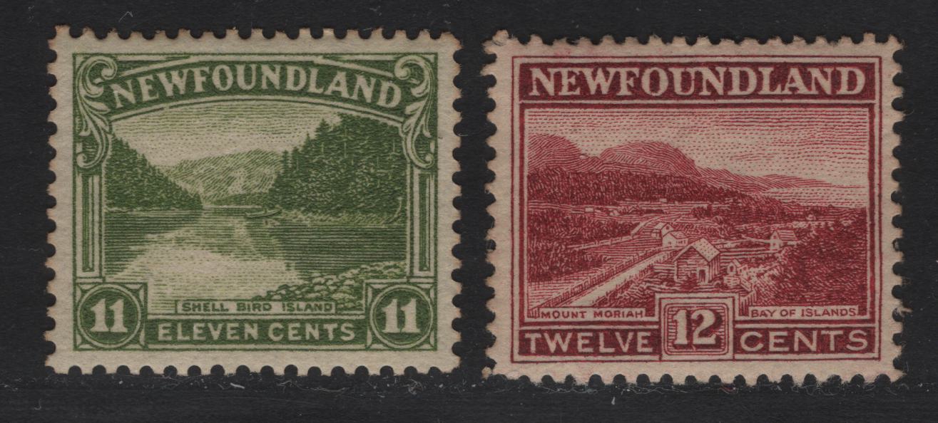 Lot 155 Newfoundland #140-141 11c-12c Olive Green - Lake Shell Bird Island & Mt. Moriah, 1923-1924 Pictorial Issue, 2 VFOG Singles Paper WM-N, Comb Perf. 14 And Line Perf. 14.2 x 14.25