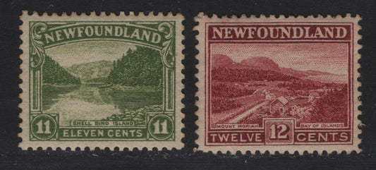 Lot 155 Newfoundland #140-141 11c-12c Olive Green - Lake Shell Bird Island & Mt. Moriah, 1923-1924 Pictorial Issue, 2 VFOG Singles Paper WM-N, Comb Perf. 14 And Line Perf. 14.2 x 14.25