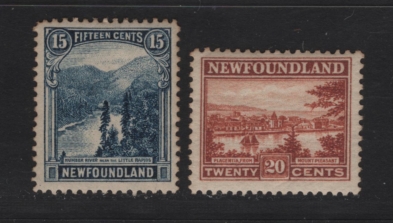 Lot 156 Newfoundland #142-143 15c-20c Dark Blue & Chestnut Little Rapids & Placentia, 1923-1924 Pictorial Issue, 2 Fine & VFOG Singles Paper WM-G & WM-N, Line Perf. 14.1 & Comb Perf. 14.1 x 13.8