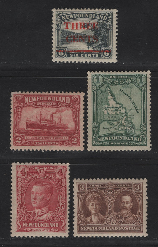 Lot 158 Newfoundland #145-148, 160 1c-3c on 6c Deep Green, 1928 Publicity Issue & 1929 Surcharged Pictiorial Issue, 5 Fine & VFOG Singles Papers WM-F, WM-G, WM-M and WM-N, Comb Perf 14.2 x 14, 13.6 x 12.75, 12.75 x 13.4 and 14.1 x 14