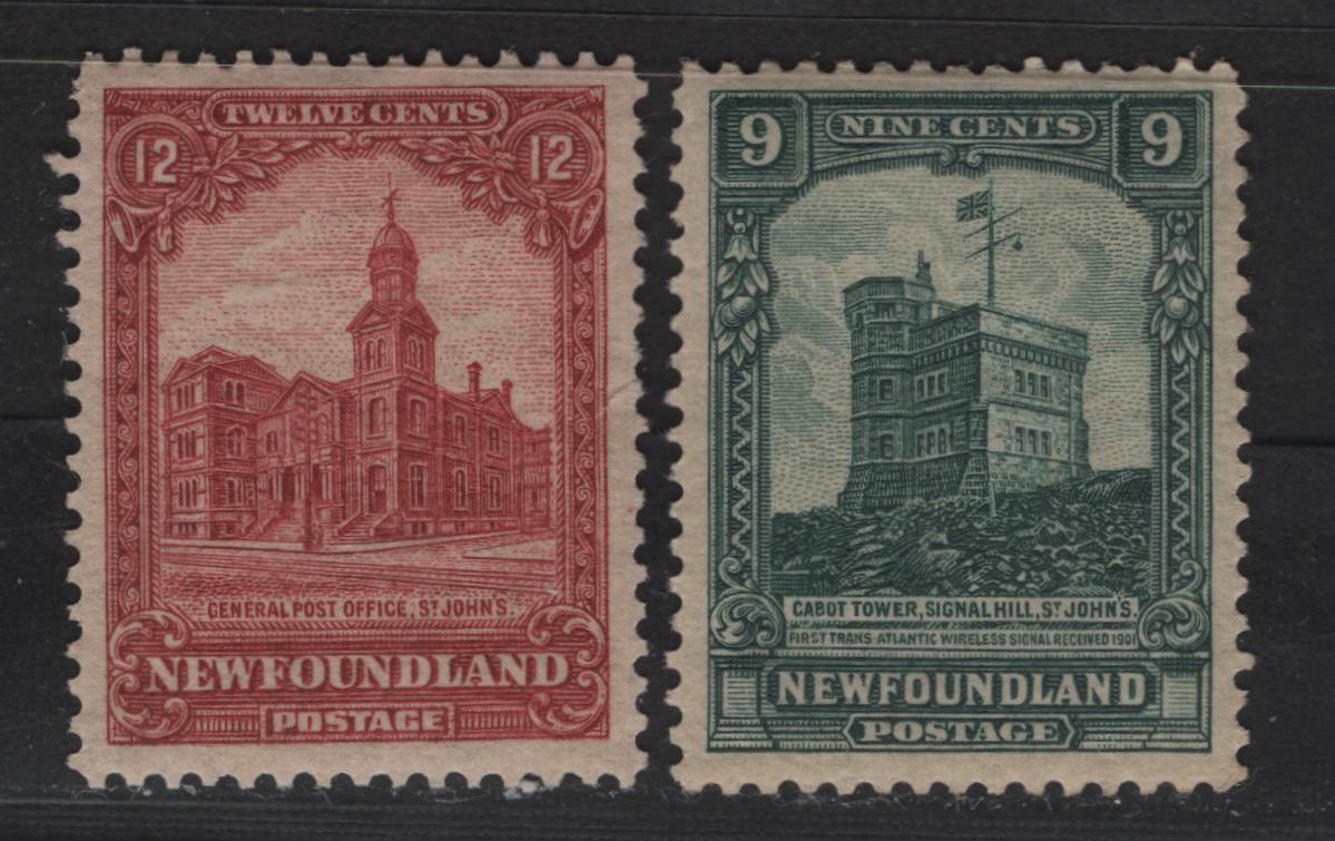 Lot 160 Newfoundland #152, 154 9c-12c Myrtle Green & Carmine General Post Office & Cabot Tower, 1928 Publicity Issue , 2 VFNH Singles Paper WM-N, Line Perf. 13.75 x 14 and 13.75 x 14.2