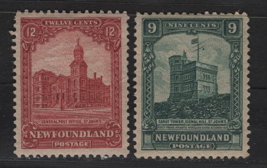 Lot 160 Newfoundland #152, 154 9c-12c Myrtle Green & Carmine General Post Office & Cabot Tower, 1928 Publicity Issue , 2 VFNH Singles Paper WM-N, Line Perf. 13.75 x 14 and 13.75 x 14.2