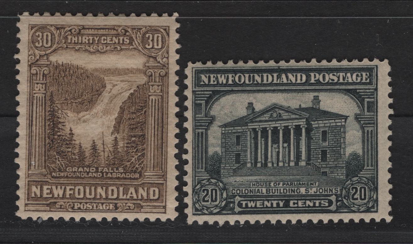 Lot 162 Newfoundland #157, 159 20c, 30c Black & Olive Brown Colonial Building & Grand Falls, 1928 Publicity Issue , 2 Fine & VFOG Singles Papers WM-G & WM-N, Line Perf. 14.2 x 13.9 & 13.9 x 14.1