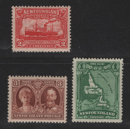Lot 164 Newfoundland #163-165 1c-3c Green - Deep Red Brown Map of Newfoundland - King George V & Queen Mary, 1929-1931 Re-Engraved Publicity Issue, 3 VFOG Singles