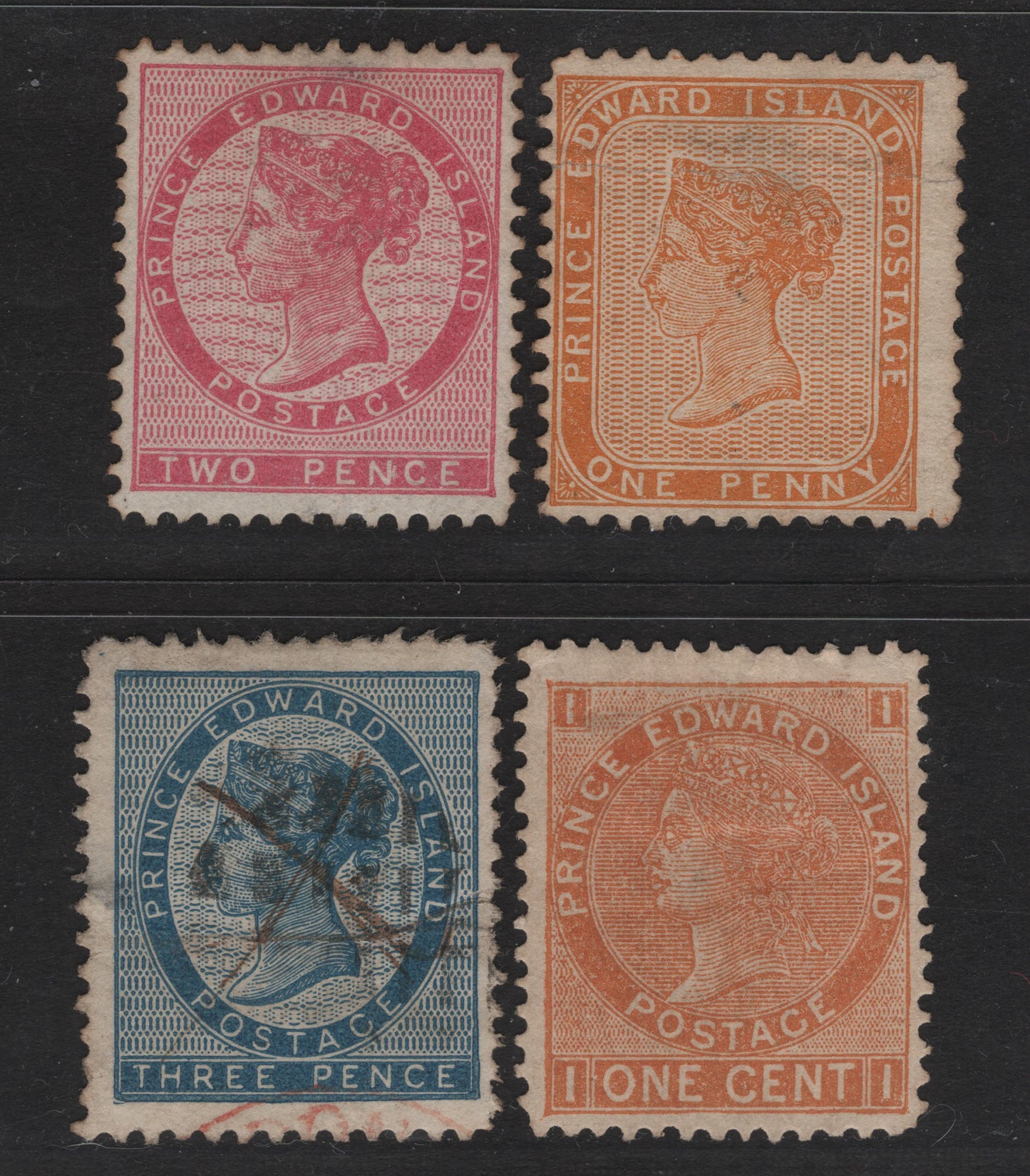 Lot 17 Prince Edward Island #4,5,6a,11iii 1d Orange, 2d Rose On White Paper, Perf 11.75, 3d Blue On Yellowish Paper, 1c Orange On White paper Perf 12.75x12.5, 1862-65 Pence & 1872-73 Cents Issues, 4 G - VF UN & Used Singles