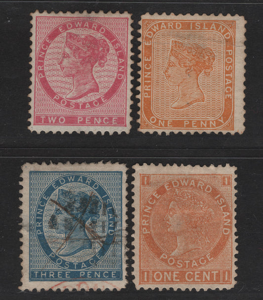 Lot 17 Prince Edward Island #4,5,6a,11iii 1d Orange, 2d Rose On White Paper, Perf 11.75, 3d Blue On Yellowish Paper, 1c Orange On White paper Perf 12.75x12.5, 1862-65 Pence & 1872-73 Cents Issues, 4 G - VF UN & Used Singles
