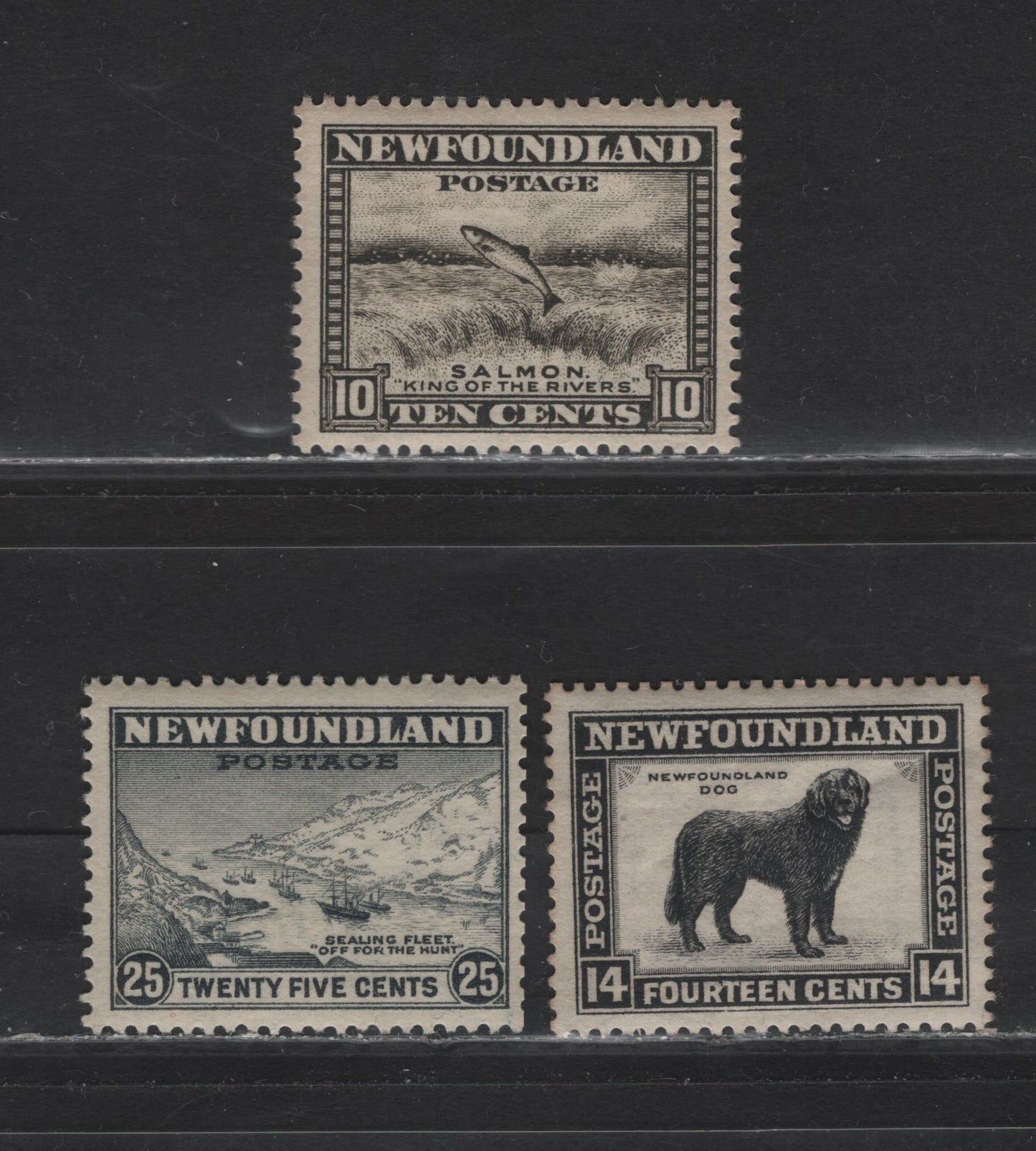 Lot 190 Newfoundland #193-193, 197 10c-25c Olive Black - Grey Salmon Leaping Falls - Sealing Fleet, 1932-1937 Perkins Bacon Resources Issue, 3 Fine & VFNH Singles 14c Has An Internal Gum Crease