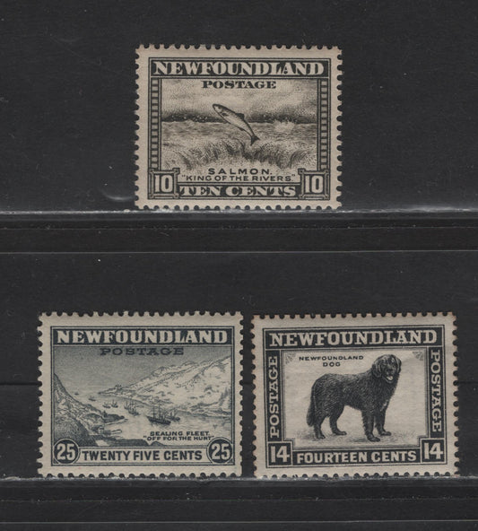 Lot 190 Newfoundland #193-193, 197 10c-25c Olive Black - Grey Salmon Leaping Falls - Sealing Fleet, 1932-1937 Perkins Bacon Resources Issue, 3 Fine & VFNH Singles 14c Has An Internal Gum Crease