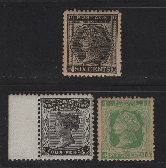 Lot 19 Prince Edward Island #9,14,15 4d Black On White Paper Perf 11.75, 4c Green Perf 11.9x12 & 6c Black Perf 12.2, 1862-65 Pence & 1872-73 Cents Issues, 3 F&VF OG&NH Singles