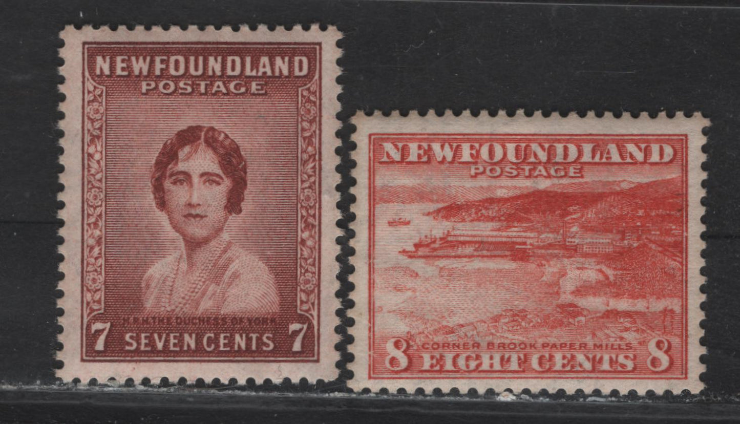 Lot 191 Newfoundland #208-209 7c-8c Red Brown & Brownish Red Duchess Of York & Corner Brook Paper Mill, 1932-1937 Perkins Bacon Resources Issue, 2 VFNH Singles