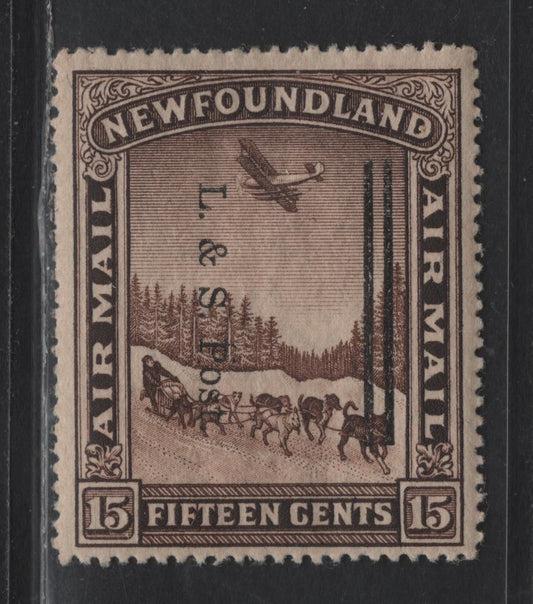Lot 195 Newfoundland #211iiivar 15c Brown Dogsled & Airplane, 1933 Land & Sea Post Overprint, A VFOG Single Line Perf. 14.1 & Overprint Badly Shifted