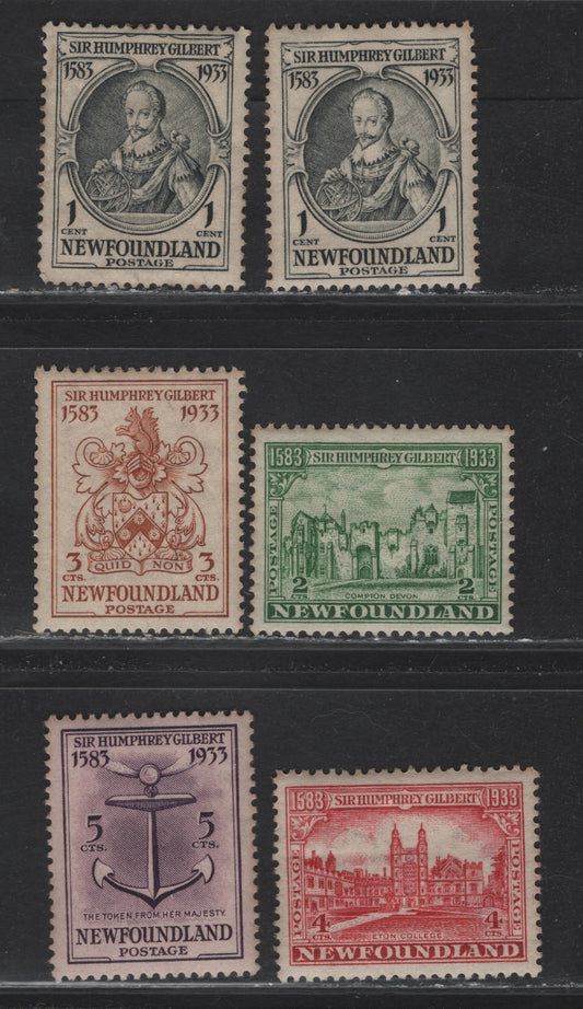 Lot 196 Newfoundland #212-216 1c-5c Grey Black - Deep Rose Lilac Sir Humphrey Gilbert - Token From Elizabeth I, 1933 Sir Humphrey Gilbert Issue, 6 Fine & VFOG Singles