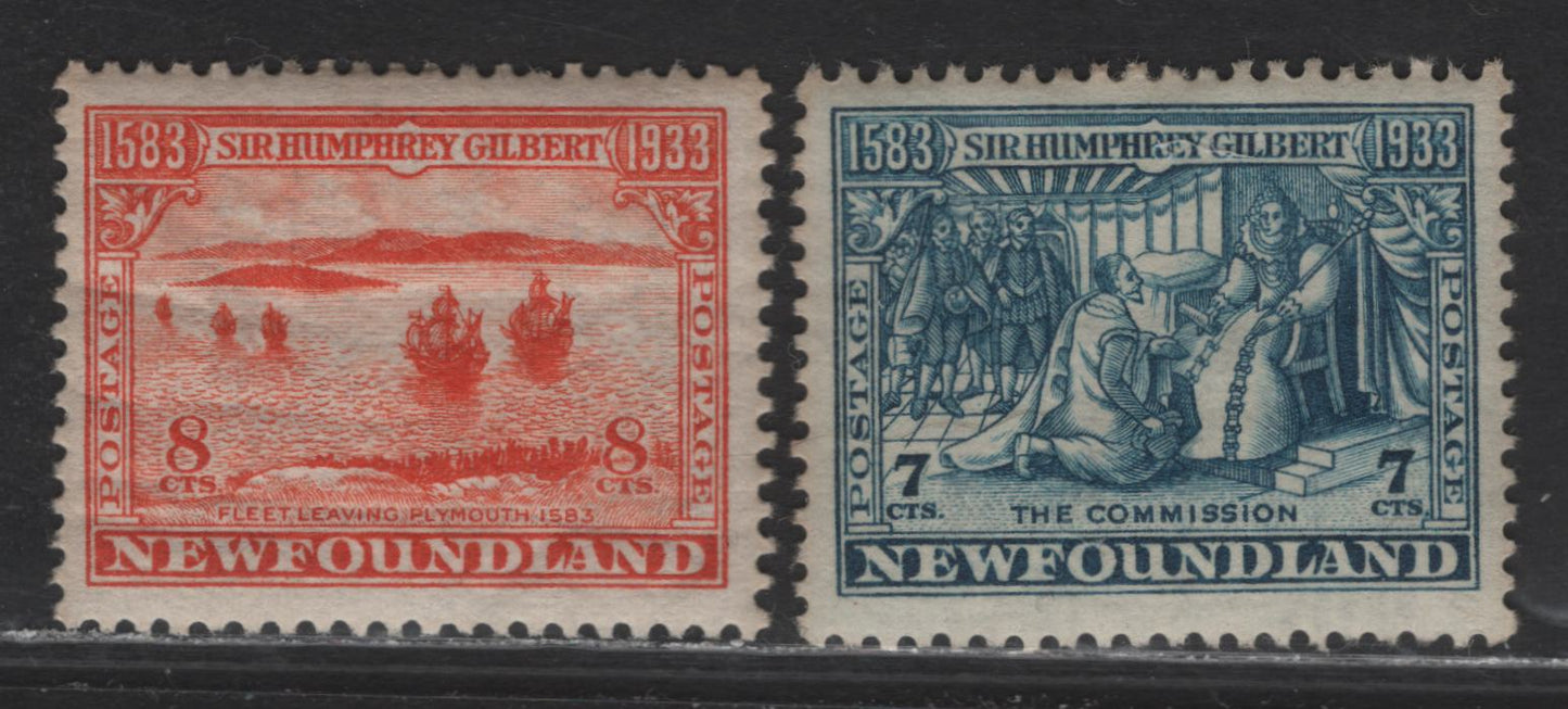 Lot 197 Newfoundland #217-218 7c-8c Prussian Blue - Orange Red The Commission & Fleet Leaving Plymouth, 1933 Sir Humphrey Gilbert Issue, 2 VFOG Singles
